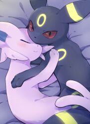  alttla0 blush closed_eyes closed_mouth commentary_request creatures_(company) cuddling espeon game_freak gen_2_pokemon glowing_markings looking_at_viewer lying nintendo no_humans on_side pokemon pokemon_(creature) red_eyes smile umbreon  rating:General score:1 user:danbooru