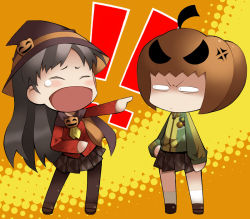  2girls :&lt; amagi_yukiko anger_vein angry atlus black_hair cape chibi food-themed_hair_ornament hair_ornament halloween hat jack-o&#039;-lantern laughing multiple_girls open_mouth pantyhose persona persona_4 pointing pumpkin pumpkin_hair_ornament satonaka_chie school_uniform skirt tears watabow witch_hat 