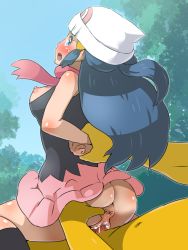  1boy 1girl anus arm_held_back arms_behind_back ass beanie blue_eyes blue_hair blush boris_(noborhys) breasts breasts_out clothed_sex creature creatures_(company) cum cum_in_pussy cum_overflow dawn_(pokemon) doggystyle from_behind game_freak gen_1_pokemon girl_on_top hat hetero highres hypno interspecies long_hair looking_back medium_breasts miniskirt monster nintendo no_panties outdoors penis pokemon pokemon_(creature) pokemon_dppt pokephilia reverse_cowgirl_position sex sex_from_behind skirt spread_ass straddling tree uncensored vaginal  rating:Explicit score:231 user:GeminiViRiS