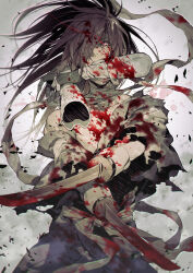 1boy amputee angry bandaged_neck bandages black_hair blood blood_on_clothes blood_on_face blood_splatter bloody_weapon commentary_request dororo_(tezuka) glowing glowing_eye grey_eyes guest_art hair_over_one_eye highres hyakkimaru_(dororo) japanese_clothes kazuki_yone kimono long_hair looking_at_viewer male_focus off_shoulder official_art ponytail prosthesis prosthetic_arm solo sword torn_clothes weapon 
