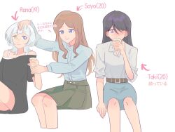  3girls aged_up alcohol arrow_(symbol) bang_dream! bang_dream!_it&#039;s_mygo!!!!! beer black_hair black_shirt blue_eyes blue_shirt blue_skirt blush brown_hair character_name collared_shirt commentary_request drink drinking green_skirt hair_over_one_eye hand_on_another&#039;s_head highres holding holding_drink kaname_raana long_hair long_sleeves medium_hair mole mole_under_eye multiple_girls nagasaki_soyo off-shoulder_shirt off_shoulder purple_eyes shiina_taki shirt simple_background sitting skirt sleeves_rolled_up takechi63 translation_request white_background white_hair white_shirt yellow_eyes 