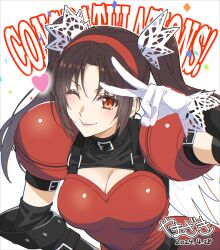  1girl armor black_hair breasts cleavage fighting_vipers gloves hairband heart honey_(fighting_vipers) large_breasts red_eyes red_hairband sega twintails upper_body v white_gloves wings  rating:General score:7 user:holofernes