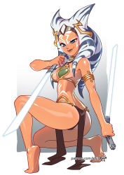  1girl ahsoka_tano alien animification armlet artist_name ass bare_shoulders bdsm blue_eyes blue_hair blue_lightsaber bra breasts collar commentary cosplay dark-skinned_female dark_skin dual_wielding energy_sword english_commentary facial_mark feet from_behind full_body green_bra holding holding_sword holding_weapon kajin_(kajinman) lightsaber lips loincloth looking_at_viewer looking_back medium_breasts multicolored_hair patreon_username princess_leia_organa_solo princess_leia_organa_solo_(cosplay) sideboob simple_background slave slit_pupils smile soles solo squatting star_wars stomach_tattoo sword tattoo tentacle_hair the_mandalorian thick_lips thighs two-tone_hair underwear weapon white_hair  rating:Sensitive score:211 user:danbooru