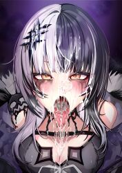 1girl after_fellatio breasts bukkake cum cum_bubble cum_in_mouth cum_in_nose cum_on_body cum_on_hair cum_on_tongue facial hair_ornament half-closed_eyes hololive large_breasts lips long_hair looking_at_viewer open_mouth runny_makeup shiori_novella solo tagme tongue tongue_out upper_body