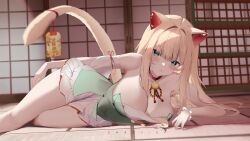  1girl :/ animal_ears bare_shoulders bell blonde_hair blush breasts cat_ears cat_girl cat_tail character_name choker cleavage closed_mouth detached_sleeves dress feet_out_of_frame frilled_dress frills green_eyes hair_between_breasts indie_virtual_youtuber indoors jingle_bell large_breasts long_hair looking_at_viewer lying neck_bell on_ground on_side red_choker red_ribbon ribbon scrunchie shaovie shaoviie short_dress shouji single_sleeve sliding_doors solo straight_hair strapless strapless_dress tail tail_ornament tail_raised tail_ribbon tatami two-tone_dress white_scrunchie white_sleeves wrist_scrunchie 