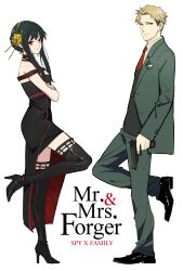  1boy 1girl absurdres black_dress black_footwear blonde_hair dress earrings formal gold_earrings gold_hairband green_hair green_suit green_vest hairband highres husband_and_wife jewelry kaoru_(alicemakoto) long_hair mr._and_mrs._smith necktie parody red_eyes red_necktie red_tie short_hair sidelocks spy_x_family suit twilight_(spy_x_family) two-sided_dress two-sided_fabric very_short_hair vest yor_briar 