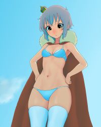 1girl bare_arms bare_shoulders bareteru!_cocktail_knights bikini blue_background blue_bikini blue_sky blue_thighhighs breasts cape closed_mouth copyright_request cowboy_shot crown day gishu grey_hair hands_on_own_hips highres mini_crown navel outdoors red_cape simple_background skindentation sky small_breasts solo standing swimsuit thighhighs tilted_headwear yellow_eyes rating:Sensitive score:15 user:danbooru