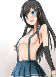  10s 1girl absurdres arm_warmers asashio_(kancolle) bad_id bad_pixiv_id black_hair blue_eyes blush breasts covered_erect_nipples highres kadokawa_shoten kagerou_(gigayasoma) kantai_collection long_hair naked_suspenders open_mouth oshidori_iwashi petite pleated_skirt sketch skirt small_breasts solo suspenders suspenders_pull sweatdrop swept_bangs tearing_up topless upper_body 