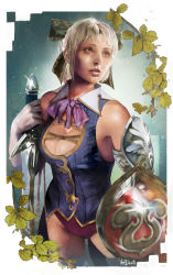  1girl bare_shoulders blonde_hair blue_eyes breasts cassandra_alexandra cleavage cleavage_cutout clothing_cutout daniel_oduber elbow_gloves freckles gloves highres large_breasts leotard necktie pink_necktie realistic shield solo soul_calibur soulcalibur soulcalibur_iv sword thighhighs weapon  rating:Questionable score:30 user:danbooru
