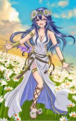  1girl 2024 alternate_breast_size armlet armpits artist_name artist_request bare_shoulders blonde_hair blue_eyes bracelet breasts cleavage collarbone dated day dress feet female_focus field fire_emblem fire_emblem_awakening fire_emblem_heroes flower flower_field flower_hair_ornament full_body hair_between_eyes happy highres intelligent_systems jewelry legs long_dress long_hair lucina_(fire_emblem) lucina_(valentine)_(fire_emblem) matching_hair/eyes nature neck nintendo no_bra official_alternate_costume open_mouth outdoors outstretched_arms rope_belt sandals side_slit sidelocks signature sky sleeveless sleeveless_dress spread_arms spring_(season) standing sundress symbol_in_eye thighlet thighs toes white_dress 