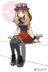  1girl arm_support black_footwear blonde_hair bracelet closed_mouth collared_shirt commentary_request commission creatures_(company) eyewear_on_headwear full_body game_freak grey_eyes grey_thighhighs hat highres jewelry long_hair looking_at_viewer nintendo pink_hat pleated_skirt poke_ball_symbol pokemon pokemon_xy serena_(pokemon) shirt shoes sitting skeb_commission skirt sleeveless sleeveless_shirt smile solo sunglasses tellzeta thighhighs white-framed_eyewear 