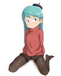 1girl absurdres aqua_hair arms_behind_back beret black_hat blue_eyes hat highres hilda_(hilda) hilda_(series) light_blush light_smile loli long_hair long_sleeves looking_to_the_side ludo0109 no_shoes panties panties_under_pantyhose pantyhose red_pullover simple_background sitting solo underwear wariza rating:Questionable score:186 user:danbooru