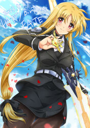  1girl 2023 bardiche_(nanoha) bardiche_(riot_blade_ii)_(nanoha) bardiche_(standby_form)_(nanoha) black_bow black_jacket black_pantyhose black_skirt blonde_hair blue_sky bow character_name closed_mouth cowboy_shot dated day double-blade fate_testarossa floating_hair hair_bow happy_birthday highres jacket long_hair long_sleeves looking_at_viewer low-tied_long_hair lyrical_nanoha mahou_senki_lyrical_nanoha_force mahou_shoujo_lyrical_nanoha mahou_shoujo_lyrical_nanoha_a&#039;s mahou_shoujo_lyrical_nanoha_strikers mahou_shoujo_lyrical_nanoha_the_movie_2nd_a&#039;s miniskirt outdoors pantyhose pencil_skirt red_eyes san-pon shirt side_slit skirt sky smile solo standing thigh_gap twitter_username uniform very_long_hair white_shirt 