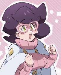 1girl big_hair breasts buttons capelet creatures_(company) game_freak glasses green_eyes high-waist_skirt highres large_breasts long_sleeves loveycloud medium_breasts medium_skirt nintendo pencil_skirt pink-framed_eyewear pink_background pink_sweater pokemon pokemon_sm purple_hair ribbed_sweater skirt smile solo sweater turtleneck turtleneck_sweater upper_body white_capelet white_skirt wicke_(pokemon) 