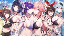 6+girls absurdres akusema amber_(genshin_impact) bikini black_bikini black_hairband blue_hair bracelet breast_press breasts brown_hair choker cleavage closed_mouth diagonal_bangs docking eula_(genshin_impact) fox_shadow_puppet genshin_impact green_eyes hair_ornament hairband hand_on_own_hip hand_up height_difference highres hu_tao_(genshin_impact) jewelry large_breasts long_hair looking_at_viewer mole mole_on_breast multiple_girls navel necklace one_eye_closed open_mouth outdoors pink_hair purple_bikini purple_eyes purple_hair raiden_shogun red_eyes red_hairband short_hair smile swimsuit symmetrical_docking unusual_pupils veins veiny_breasts vision_(genshin_impact) white_bikini yae_miko yelan_(genshin_impact) rating:Sensitive score:156 user:danbooru