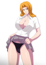 1girl black_panties bleach blonde_hair breasts cameltoe cleavage clothes_lift highres huge_breasts legs lime_(purple_haze) long_hair looking_at_viewer matsumoto_rangiku mole panties school_uniform simple_background skirt skirt_lift smile solo standing thighs thong underwear white_background white_eyes rating:Questionable score:113 user:Ynyswydryn