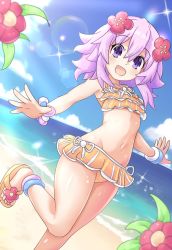 ankle banngle bare_shoulders beach belly bikini bracelet breasts cloud feet frills hair_ornament hairclip happy heel highres jewelry knees midriff mr_rolling_circle navel neptune_(neptunia) neptune_(series) ocean open_mouth pearl_braclet pearls purple_eyes purple_hair sand sandals short_hair skirt sky small_breasts summer sun sunlight swimsuit thighs toes water  rating:Sensitive score:27 user:NepuContext