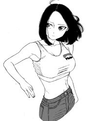 1girl arm_up bad_id bad_pixiv_id black_hair breasts closed_mouth collarbone dende_(dndn222) greyscale highres large_breasts looking_to_the_side medium_hair monochrome navel original pants scan scan_artifacts shirt solo standing stomach tank_top traditional_media wind 