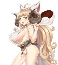  10s 1girl ahoge anila_(granblue_fantasy) animal_ears blonde_hair blush_stickers breasts draph granblue_fantasy hikimayu horns huge_breasts lang_(chikage36) long_hair looking_at_viewer open_mouth sideboob simple_background third-party_edit very_long_hair white_background yellow_eyes  rating:Questionable score:24 user:7897955