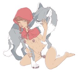  1girl barefoot bestiality blush bottomless breasts censored feet hetero little_red_riding_hood little_red_riding_hood_(grimm) loli looking_at_viewer muk_(thefacelessking) nipples sexually_suggestive tagme wolf  rating:Explicit score:30 user:champignon