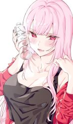  1girl alternate_costume black_tank_top blush bottle breasts cleavage highres holding_water hololive hololive_english kamiya_maneki large_breasts long_hair looking_at_viewer mori_calliope open_mouth pink_hair red_eyes simple_background smile solo tank_top virtual_youtuber water_bottle white_background 