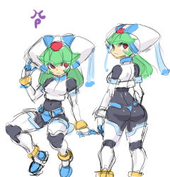  1girl android artist_request ass bodysuit breasts capcom character_sheet female_focus green_hair multiple_views pandora_(mega_man) red_eyes mega_man_(series) mega_man_zx sketch white_background  rating:Questionable score:27 user:ZennyPLUS