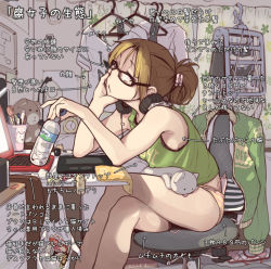  1girl bag bored bottle brown_hair chair clock clothes clothes_hanger computer covered_erect_nipples crossed_legs desk discreet_vibrator fujoshi glasses head_rest headphones jacket keyboard_(computer) lamp laptop no_pants notebook office_chair panties pink_panties plastic_bag ponytail sex_toy short_hair sitting solo stationery striped_clothes striped_panties stuffed_animal stuffed_toy swivel_chair tank_top translated underwear vibrator vibrator_under_clothes vibrator_under_panties water_bottle xxzero yellow_panties  rating:Questionable score:393 user:danbooru