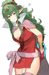  1girl absurdres aged_up boots bracelet breasts cape circlet cleavage dress fire_emblem fire_emblem:_mystery_of_the_emblem fire_emblem_awakening green_eyes green_hair hair_ornament highres jewelry long_hair looking_at_viewer nintendo ormille pink_thighhighs pointy_ears ponytail short_dress solo strapless strapless_dress thigh_boots thighhighs thighs tiara tiki_(adult)_(fire_emblem) tiki_(fire_emblem)  rating:Sensitive score:18 user:danbooru