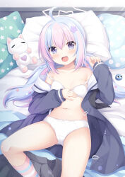  1girl :d ahoge areola_slip blue_archive blue_hair blush bra breasts cameltoe coat commentary_request feet_out_of_frame grey_coat hair_between_eyes hair_ornament halo hand_up highres kneehighs long_hair long_sleeves looking_at_viewer low_twintails lying multicolored_hair navel on_back open_clothes open_coat open_mouth panties pillow pink_hair pink_socks puffy_long_sleeves puffy_sleeves purple_eyes reisa_(blue_archive) sailor_collar sakuraba_hikaru_(loveindog) sleeves_past_wrists small_breasts smile socks solo star_(symbol) star_hair_ornament strap_slip striped_clothes striped_socks stuffed_animal stuffed_cat stuffed_toy twintails two-tone_hair underwear very_long_hair white_bra white_panties white_sailor_collar 