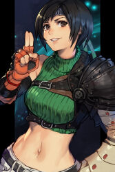 1girl armor bare_shoulders belt black_eyes black_hair breasts clawed_gauntlets crop_top cropped_sweater final_fantasy final_fantasy_vii final_fantasy_vii_rebirth final_fantasy_vii_remake forehead_protector gloves green_shirt green_sweater hungry_clicker looking_at_viewer midriff navel ninja open_fly open_mouth shirt short_hair short_shorts shorts sleeveless sleeveless_shirt solo square_enix stomach sweater teeth turtleneck yuffie_kisaragi  rating:Sensitive score:20 user:danbooru