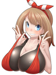 1girl bare_shoulders blue_eyes blush breasts brown_hair collarbone creatures_(company) game_freak hair_ornament highres huge_breasts looking_at_viewer may_(pokemon) may_(pokemon_oras) mokkosss nintendo pokemon pokemon_oras shirt sleeveless sleeveless_shirt smirk solo strap_slip upper_body v rating:Sensitive score:47 user:100241