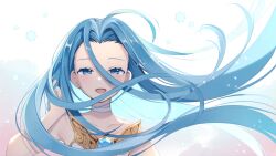  1girl blue_eyes blue_hair commentary dress granblue_fantasy hase_neet highres long_hair looking_at_viewer lyria_(granblue_fantasy) open_mouth solo upper_body white_background white_dress wind 