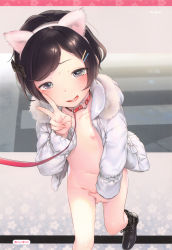  1girl absurdres animal_ears bdsm black_footwear black_hair blush boots cat_ears collar crosswalk dripping exhibitionism female_ejaculation female_masturbation fingering flat_chest floral_background forced_smile hair_ornament hair_ribbon hairclip henreader highres jacket leash loli looking_at_viewer masturbation navel nipples open_clothes open_mouth original public_indecency purple_eyes pussy_juice pussy_juice_drip pussy_juice_trail ribbon road scan short_hair slave solo street sweat text_focus v  rating:Explicit score:250 user:Domestic_Importer