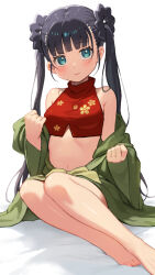  1girl bare_legs bare_shoulders barefoot black_hair blue_eyes blush breasts commentary_request crop_top etrian_odyssey green_kimono hair_rings highres japanese_clothes kimono long_hair looking_at_viewer monk_(sekaiju) monk_2_(sekaiju) mya-zawa navel open_clothes open_kimono red_shirt sekaiju_no_meikyuu sekaiju_no_meikyuu_3 shirt simple_background sitting sleeveless sleeveless_shirt small_breasts smile solo twintails 