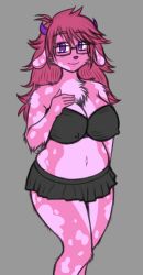  beanroll breasts cow furry glasses large_breasts pink_fur pink_hair plump purple_eyes skirt smile  rating:Questionable score:7 user:lovelyfutagirl