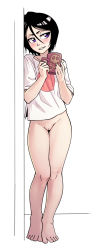  1girl against_wall alternate_costume barefoot black_hair bleach blush bottomless cleft_of_venus coffee_mug cup highres kuchiki_rukia looking_to_the_side mug no_panties no_pants purple_eyes pussy shirt short_hair skull_and_crossbones smile solo t-shirt the_pink_pirate uncensored white_shirt  rating:Explicit score:226 user:danbooru