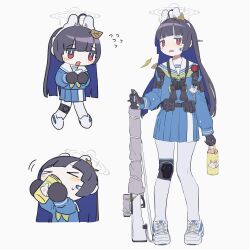  &gt;_&lt; 1girl binoculars black_hair blue_archive blue_skirt blunt_bangs blush bottle chibi commentary drinking flying_sweatdrops gloves green_neckerchief gun halo headset highres holding holding_weapon knee_pads leaf leaf_on_head long_hair long_sleeves mill_gyunu miyu_(blue_archive) multiple_views neckerchief open_mouth pantyhose pleated_skirt red_eyes sailor_collar school_uniform serafuku shoes simple_background single_knee_pad skirt sneakers standing sweat tears weapon white_footwear white_pantyhose white_sailor_collar 