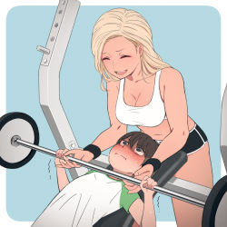 1boy 1girl :i ^^^ ^_^ age_difference barbell bare_arms bare_shoulders bench_press black_shorts blonde_hair blue_background blush breasts brother_and_sister brown_hair child cleavage closed_eyes collarbone commentary_request constricted_pupils dolphin_shorts exercising hair_between_eyes highres kemuri_haku long_hair lying medium_breasts micro_shorts midriff navel nose_blush on_back onee-shota open_mouth original raglan_sleeves shirt short_hair short_sleeves shorts shota siblings smile sports_bra standing stomach sweat swept_bangs teeth thighs trembling two-tone_background weightlifting white_background white_shirt wristband rating:Sensitive score:606 user:danbooru