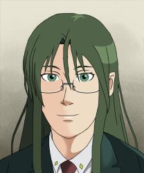  1girl asougi_rin glasses green_eyes green_hair lips long_hair looking_at_viewer mnemosyne necktie office_lady smile solo 