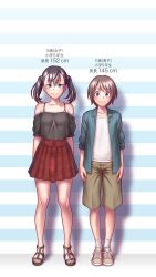  1boy 1girl bare_shoulders black_hair blue_eyes breasts brown_hair cleavage collarbone commentary_request feet full_body green_eyes hair_between_eyes height_chart height_difference highres legs long_hair looking_at_viewer medium_breasts medium_hair off_shoulder original sandals shirt shoes shorts skirt smile sneakers thighs toes translation_request twintails wokada 