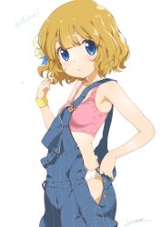 1girl artist_name blue_eyes bob_cut brown_hair character_name commentary_request cowboy_shot flower hair_flower hair_ornament hand_in_own_hair highres idolmaster idolmaster_million_live! inoue_sora light_blush looking_at_viewer open_clothes overalls panties panty_peek parted_lips pink_sports_bra short_hair signature simple_background solo sports_bra standing strap_slip suou_momoko underwear white_background white_panties wristband  rating:Sensitive score:41 user:danbooru