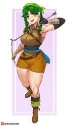  1girl :d armor armpits arrow_(projectile) asymmetrical_gloves black_gloves blush boots bow_(weapon) braid breasts brown_footwear brown_gloves fingerless_gloves fire_emblem fire_emblem:_the_blazing_blade foreshortening gloves green_hair highres holding holding_arrow holding_bow_(weapon) holding_weapon medium_breasts miniskirt nintendo open_mouth patreon_username rebecca_(fire_emblem) shirt skin_tight skirt sleeveless sleeveless_shirt smile solo sweat teeth thick_thighs thighs tongue tongue_out twin_braids twintails upper_teeth_only velminth weapon  rating:Sensitive score:23 user:danbooru