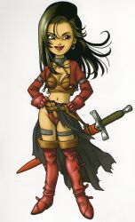  1girl absurdres aira_(dq7) armlet belt belt_boots black_cape black_eyes black_hair boots breasts brown_belt cape cleavage collarbone commentary contrapposto crop_top dragon_quest dragon_quest_vii earrings eyelashes facing_viewer floating_hair full_body gloves groin hair_between_eyes hair_over_shoulder half-closed_eyes halterneck hands_on_own_hips highres hoop_earrings jacket jewelry leather leather_boots leather_gloves lips long_hair loose_hair_strand medium_breasts midriff navel official_art red_footwear red_gloves red_jacket red_lips scabbard sheath sheathed sideways_glance simple_background skindentation smirk solo standing straight_hair swept_bangs sword thigh_boots thighhighs thighlet toriyama_akira waist_cape weapon white_background zettai_ryouiki 