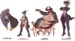  4girls 4others animal_ears arms_up black_skin bracelet breasts cat_ears cat_tail closed_mouth cloud_meadow collar colored_sclera colored_skin crack crossed_arms dark_skin dragon_girl dragon_horns dragon_tail fat floppy_ears full_body furry furry_female furry_with_furry gold_bracelet gold_collar hand_up hands_up highres horns jewelry knee_up large_breasts multicolored_skin multiple_girls multiple_others on_rock red_sclera rock s-purple short_hair simple_background smile spiked spiked_bracelet spiked_collar spikes standing tail tall tall_female white_background yellow_eyes 