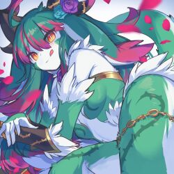 1girl bracer dragon_girl feathers flower green_hair green_leotard highres kuuron_(moesann17) leotard linthia_(p&amp;d) monster_girl multicolored_hair pale_skin petals puzzle_&amp;_dragons rose solo tongue tongue_out white_feathers