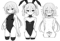  1girl ^^^ animal_ears bare_shoulders blush bow breasts cleft_of_venus closed_mouth completely_nude covered_navel embarrassed facing_viewer fake_animal_ears greyscale hair_bow hand_on_own_hip heart heart_tattoo highleg highleg_leotard highres leotard loli long_hair looking_at_viewer low_twintails medium_hair monochrome multiple_girls multiple_views navel nipples nose_blush nude original petite playboy_bunny pubic_tattoo pussy rabbit_ears ringed_eyes simple_background skindentation small_breasts steaming_body strapless strapless_leotard sue_cornet sweat tattoo thighhighs thighs trembling twintails wagashi_(dagashiya) white_background wide-eyed wrist_cuffs  rating:Explicit score:336 user:danbooru