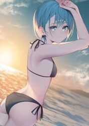  1girl arms_up ass back bikini black_bikini blue_eyes blue_hair blue_sky bow bow_earrings breasts closed_mouth cloud day dutch_angle earrings halterneck highres hololive hoshimachi_suisei jewelry looking_at_viewer looking_back ocean outdoors ryuya short_hair side-tie_bikini_bottom sky small_breasts solo star_(symbol) star_in_eye sunset swimsuit symbol_in_eye 