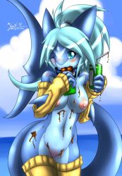  aqua_hair blue_eyes blue_skin blush breasts chocolate cloud colored_skin detached_sleeves furry highres long_hair mn_xenx myrl one_eye_closed pointy_ears pussy shark tail thighhighs wink  rating:Explicit score:34 user:Sharklover