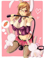  1girl :p animal_ears bad_id bad_pixiv_id blush breasts brown_hair carrot fantasy_earth_zero fishnet_thighhighs fishnets glasses heart kneeling large_breasts midriff navel necktie nose_bubble one_eye_closed rabbit rabbit_ears rabbit_tail red_eyes skirt sleeping smile solo spoken_food squatting star_(symbol) tail thighhighs thinking tongue tongue_out visualcat whip wink zettai_ryouiki 