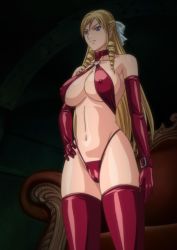  00s 1girl bare_shoulders blonde_hair breasts chair collar cuffs discipline dominatrix drill_hair elbow_gloves covered_erect_nipples femdom gloves hair_ornament hair_ribbon halterneck halterneck highres huge_breasts large_breasts latex long_hair morimoto_leona navel panties red_panties ribbon screencap slingshot_swimsuit solo standing stitched swimsuit thighhighs thighs third-party_edit twin_drills underwear wrist_cuffs  rating:Sensitive score:118 user:nullbeta2
